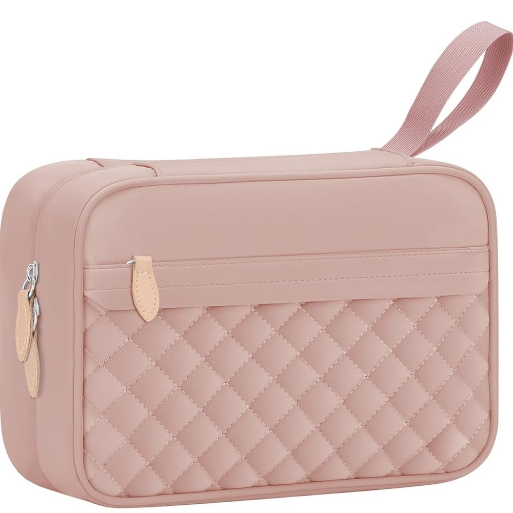 Blush Quilted Travel Cosmetic Bag with Wrist Strap